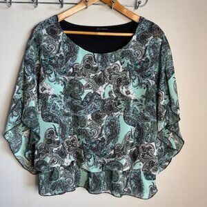 Mercer & Madison Women's Sleeveless Blouse Ruffle Hem Abstract Paisley Green L